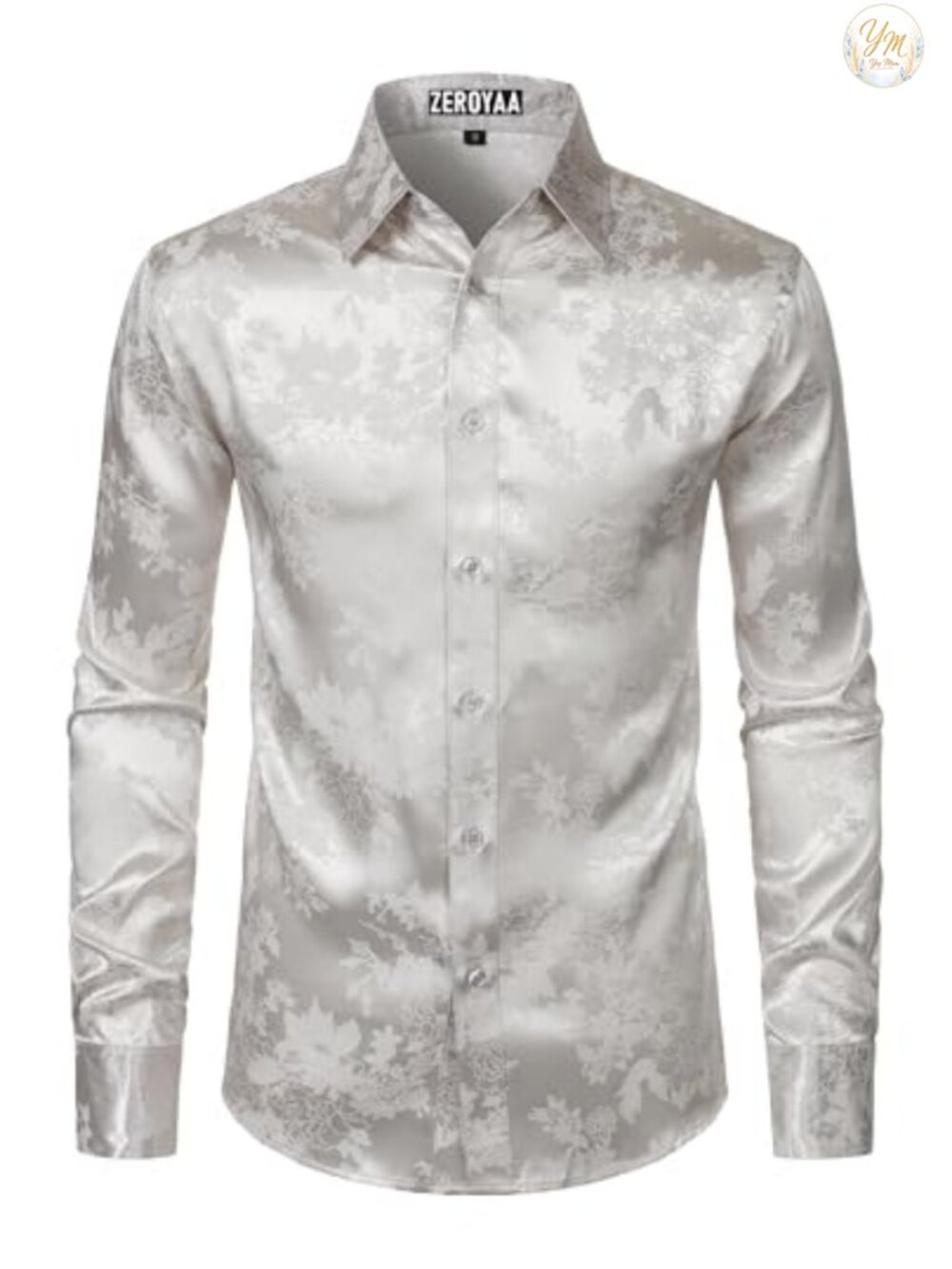 Men's Satin Rose Floral Jacquard Button-Down Dress Shirt Slim Fit Long Sleeve